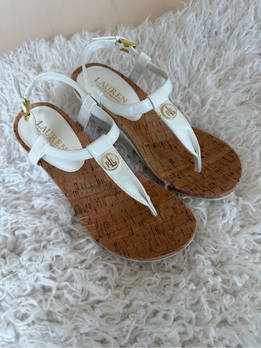 Lauren Ralph Lauren White Patent Thong Sandals with Cork Footbed